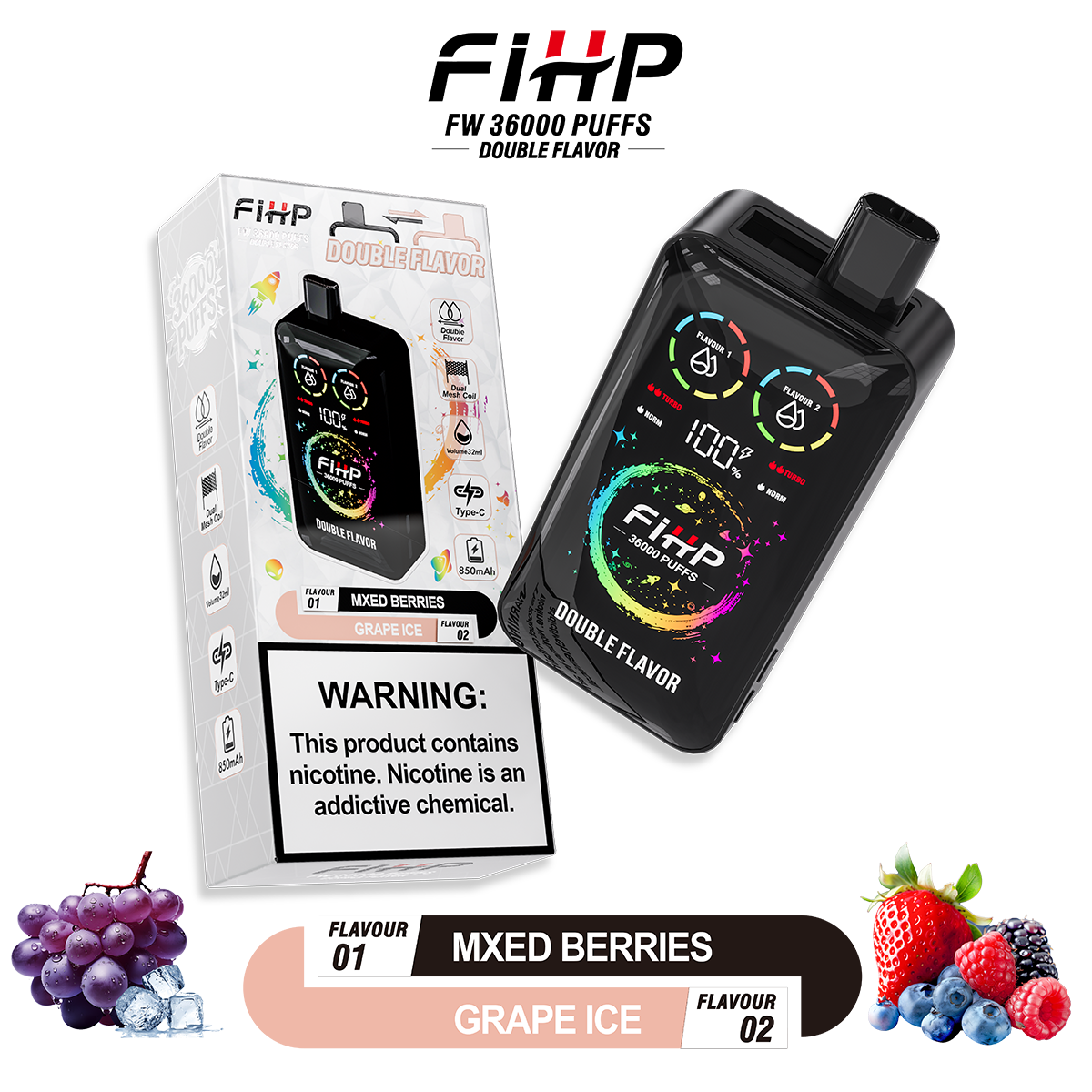 Papieros elektroniczny FIHP 🚀 Jednorazowy papieros elektroniczny o dwóch smakach (36 000 zaciągnięć)