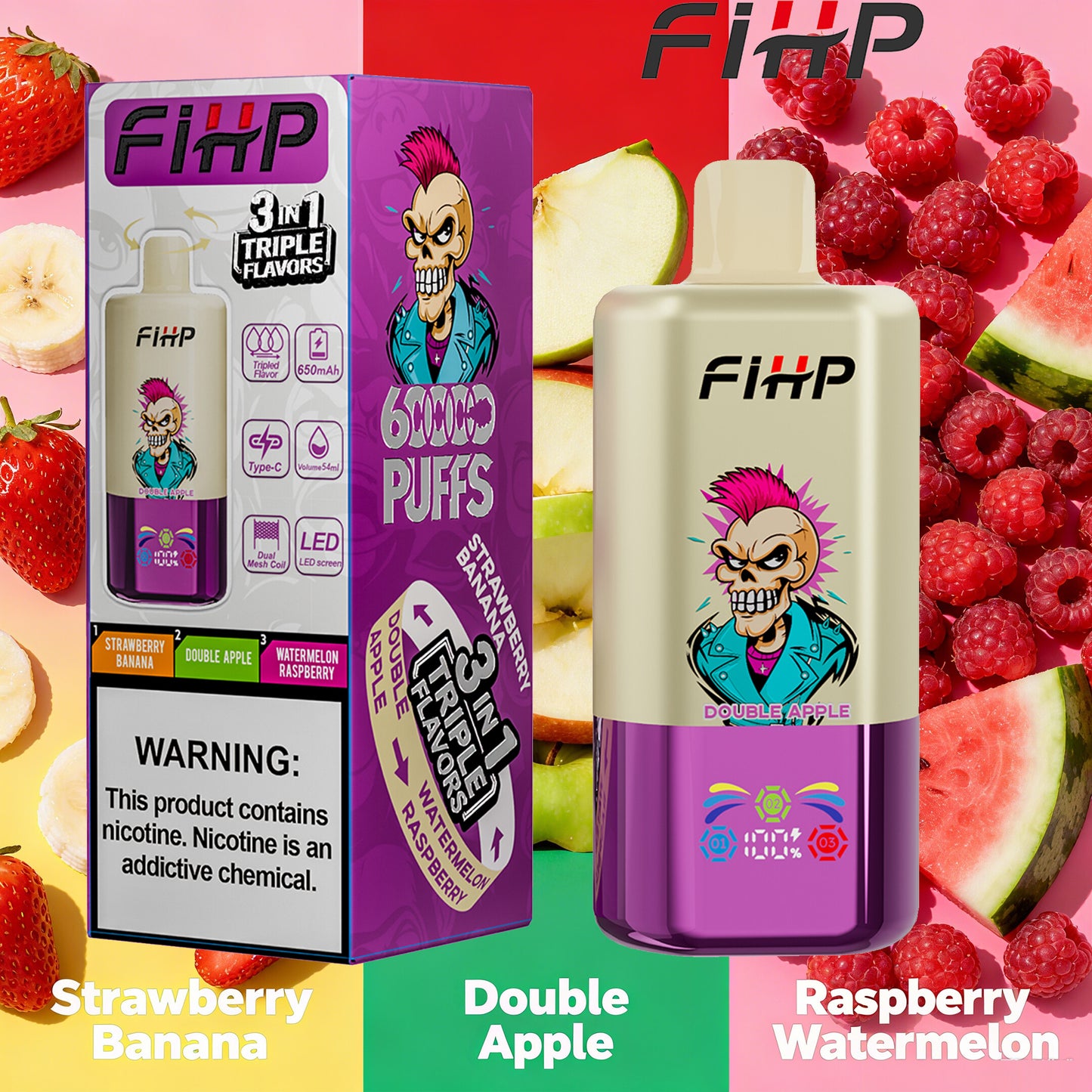 E-papieros FIHP 🚀 Jednorazowy e-papieros 3 w 1, dostępny w wielu smakach (60 000 zaciągnięć)