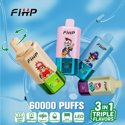 E-papieros FIHP 🚀 Jednorazowy e-papieros 3 w 1, dostępny w wielu smakach (60 000 zaciągnięć)